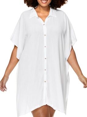 Raisins Curve Vacay Button Up Cover Up Shirt 2X NWT White Front Slit Sides Beach
